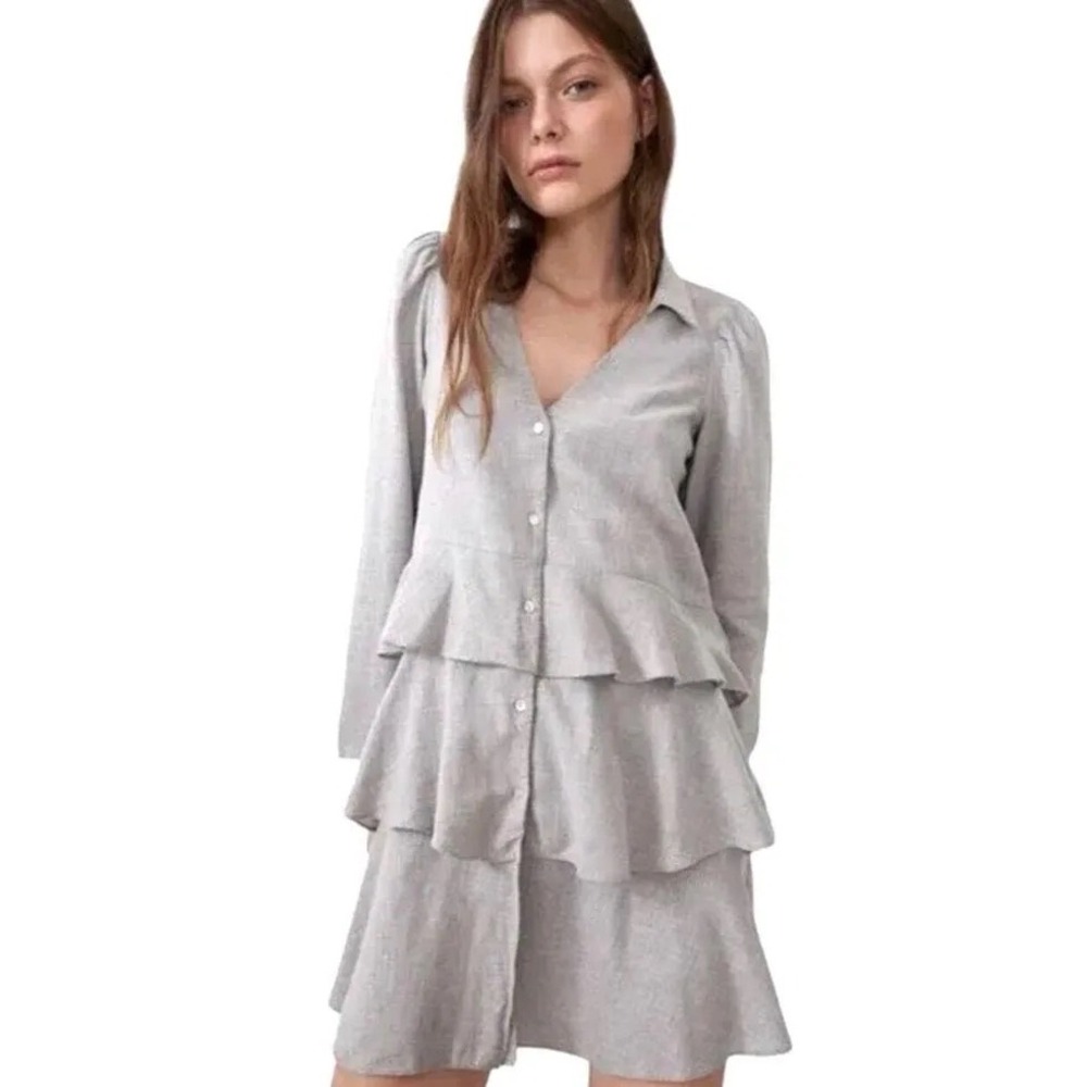 Zara‎ Grey Tiered Ruffle Mini Shirt Dress Long Sleeve Button Front Size M